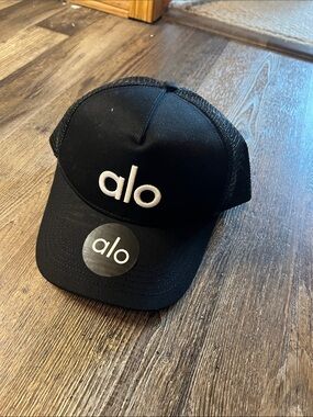 ALO Yoga Black Kids Trucker Hat with White Logo